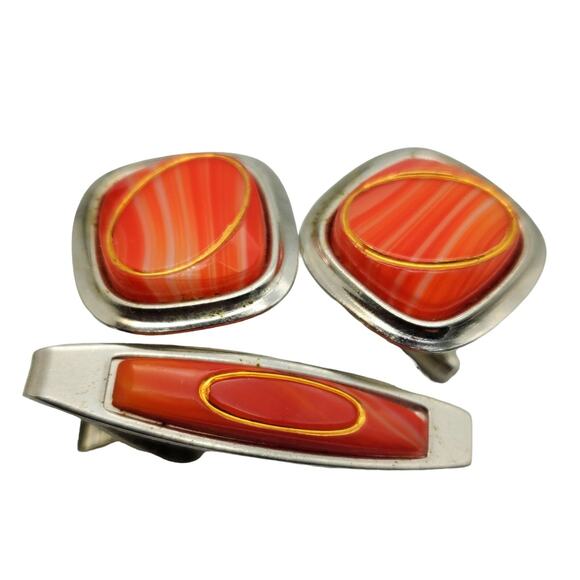 Orange Lucite Cufflinks & Tie Bar Atomic Silver Tone Clip Clasp Vintage 60s 70s - Picture 3 of 8